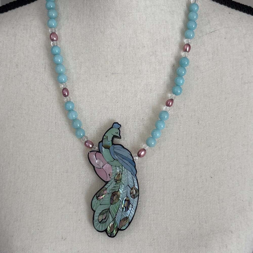 Lee Sands Blue Pink Shell Inlay Peacock Necklace Chaledony Beads Pink Pearls 21"